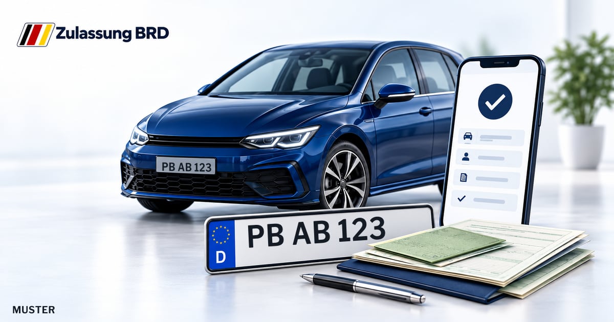 Online Fahrzeugzulassung in Paderborn: Musterkennzeichen PB AB 123, Auto und Fahrzeugpapiere und Smartphone. Illustration mit Logo von Zulassung BRD.